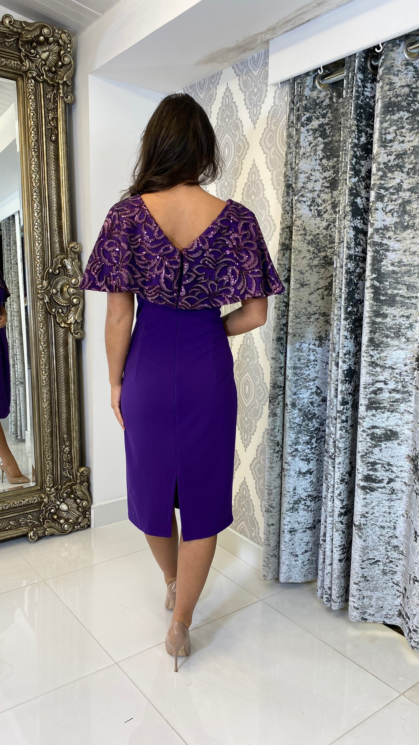 Sequin Detailed Cape Style Midi Dress In Purple