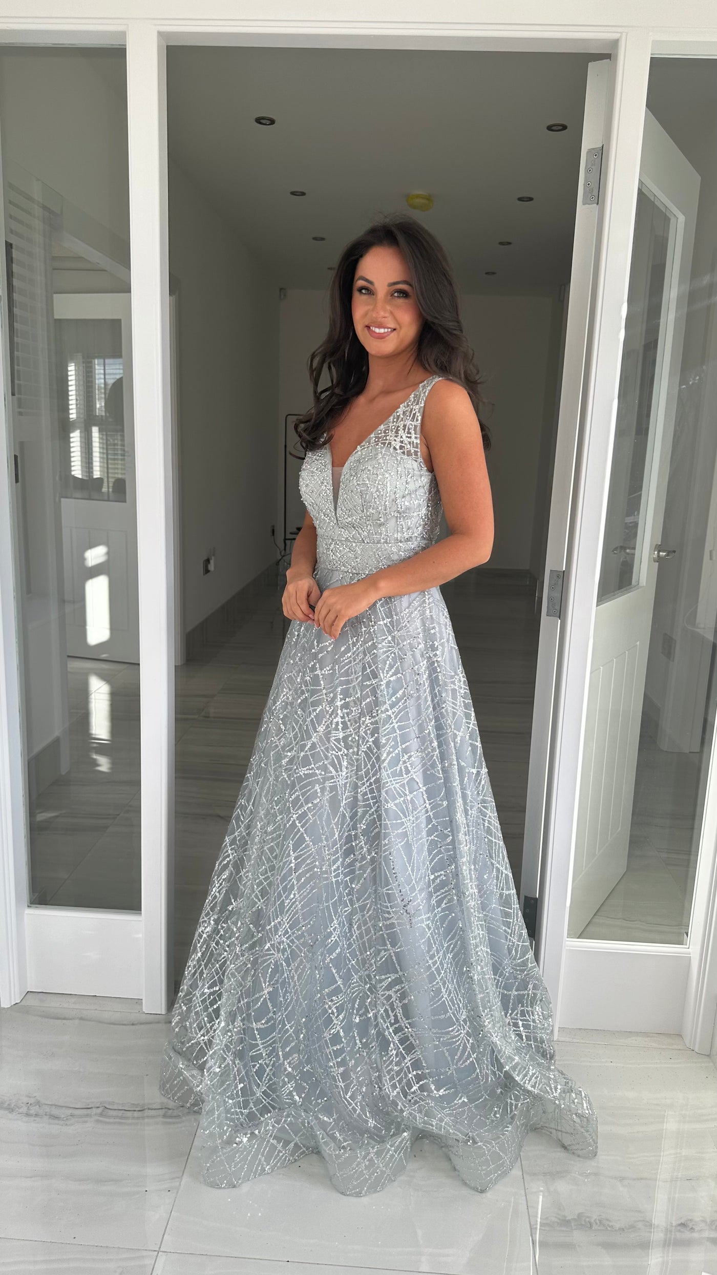 Silver Glitter V-Neck Ball Gown