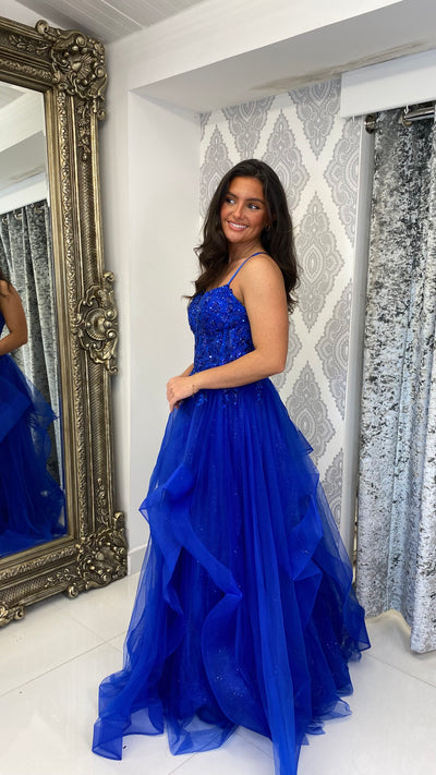 Royal Blue Tiered Skirt Corset Ball Gown