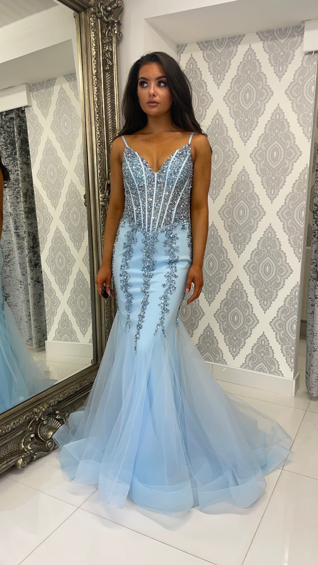 Baby Blue Corset Style Fishtail Full Length Gown – Rosies Closet
