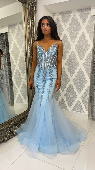 Baby Blue Corset Style Fishtail Full Length Gown