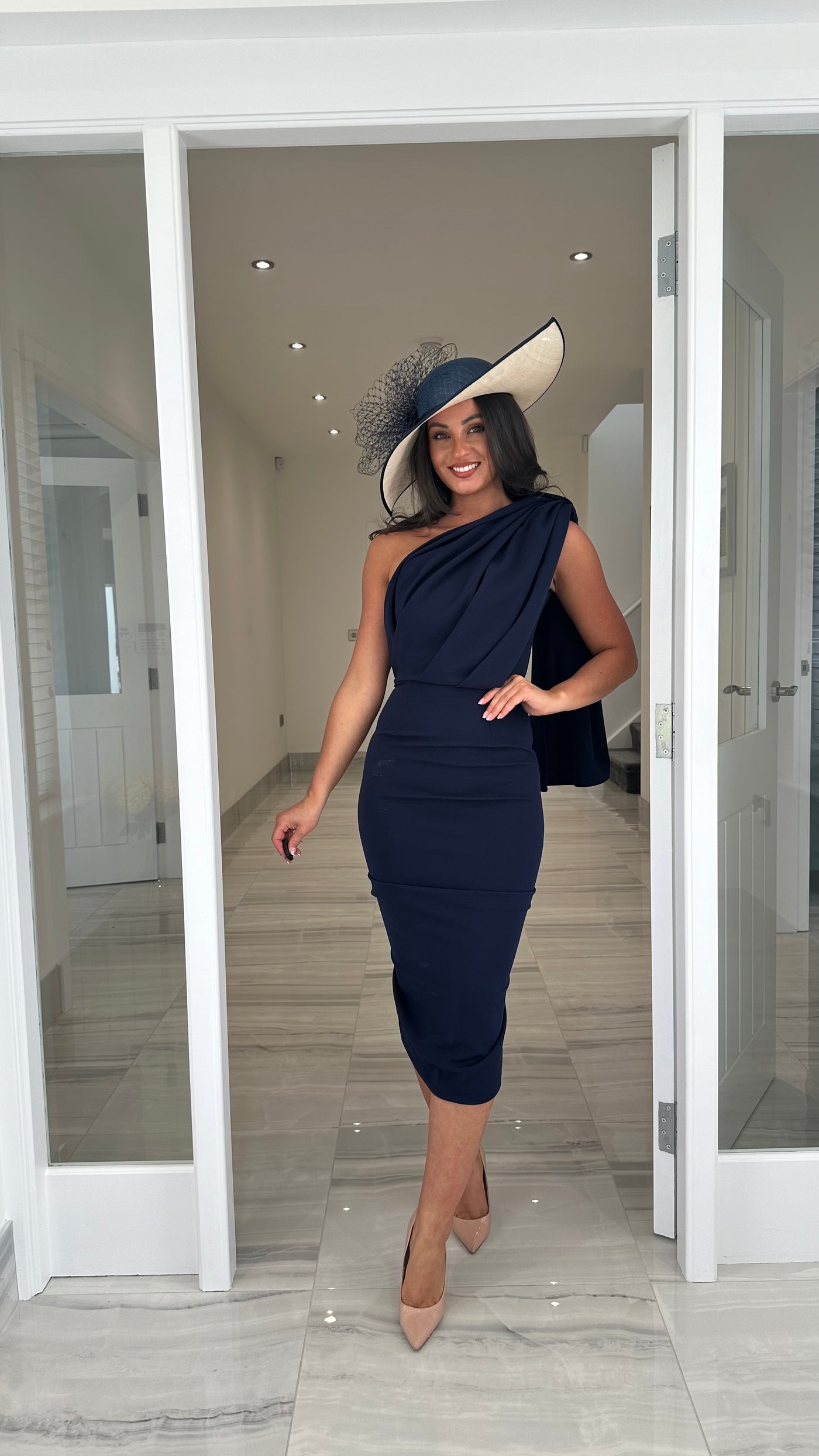 navy blue dress heels Karen Kane Three Quarter Sleeve Jersey - Slip On Toe Navy Blue Rhinestone Pointed Toe