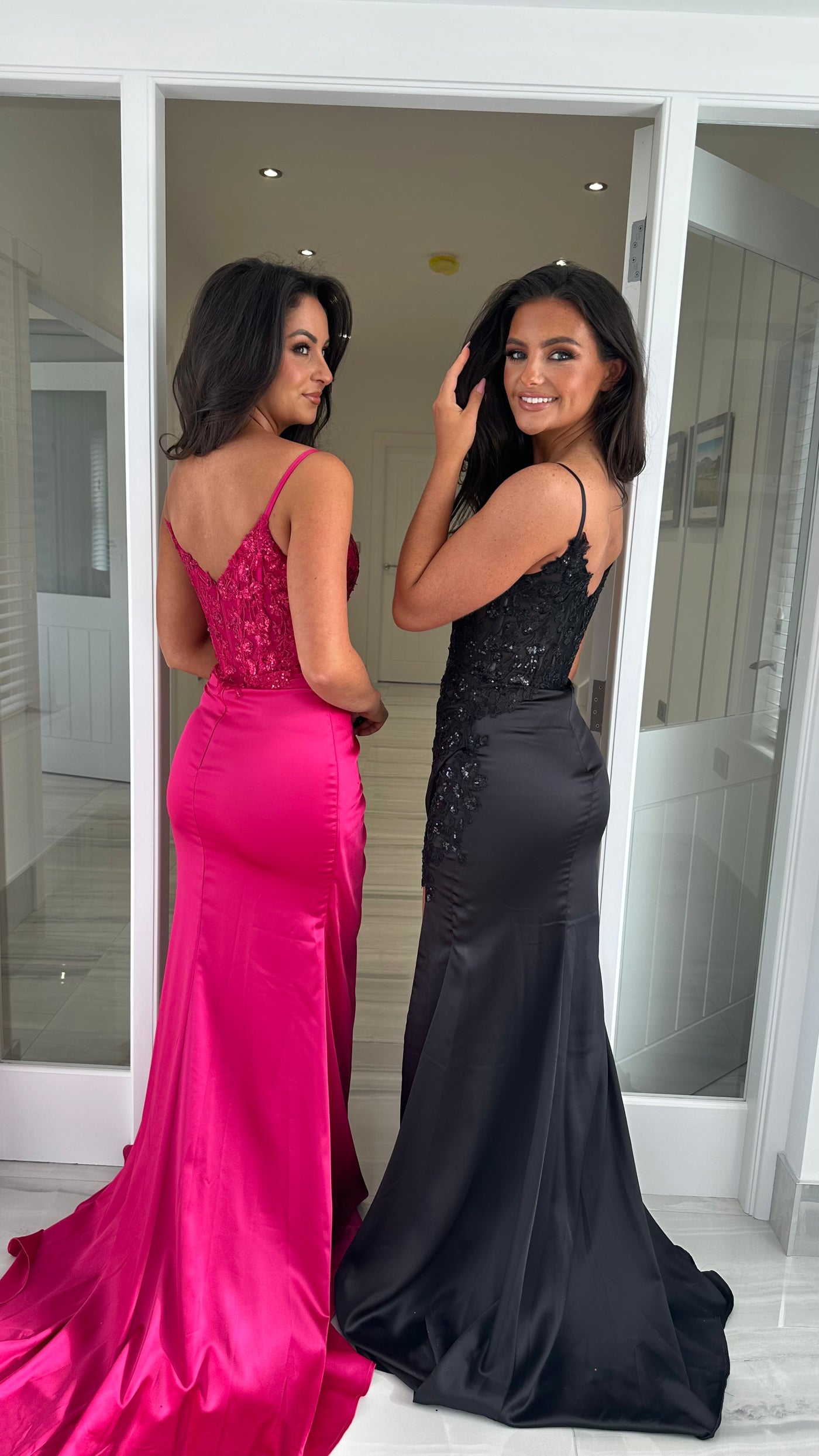 Raspberry Pink Sequin Top & Split Satin Full Length Gown