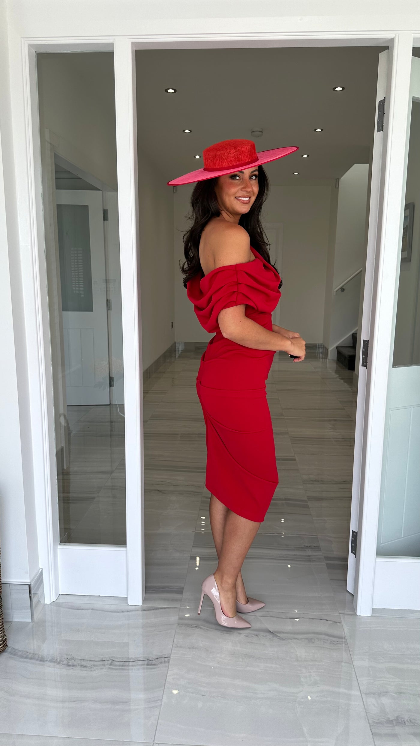 Red Drape Shoulder Midi Bodycon Dress Rosies Closet Red Drape Shoulder Midi Bodycon Dress Rosies Closet