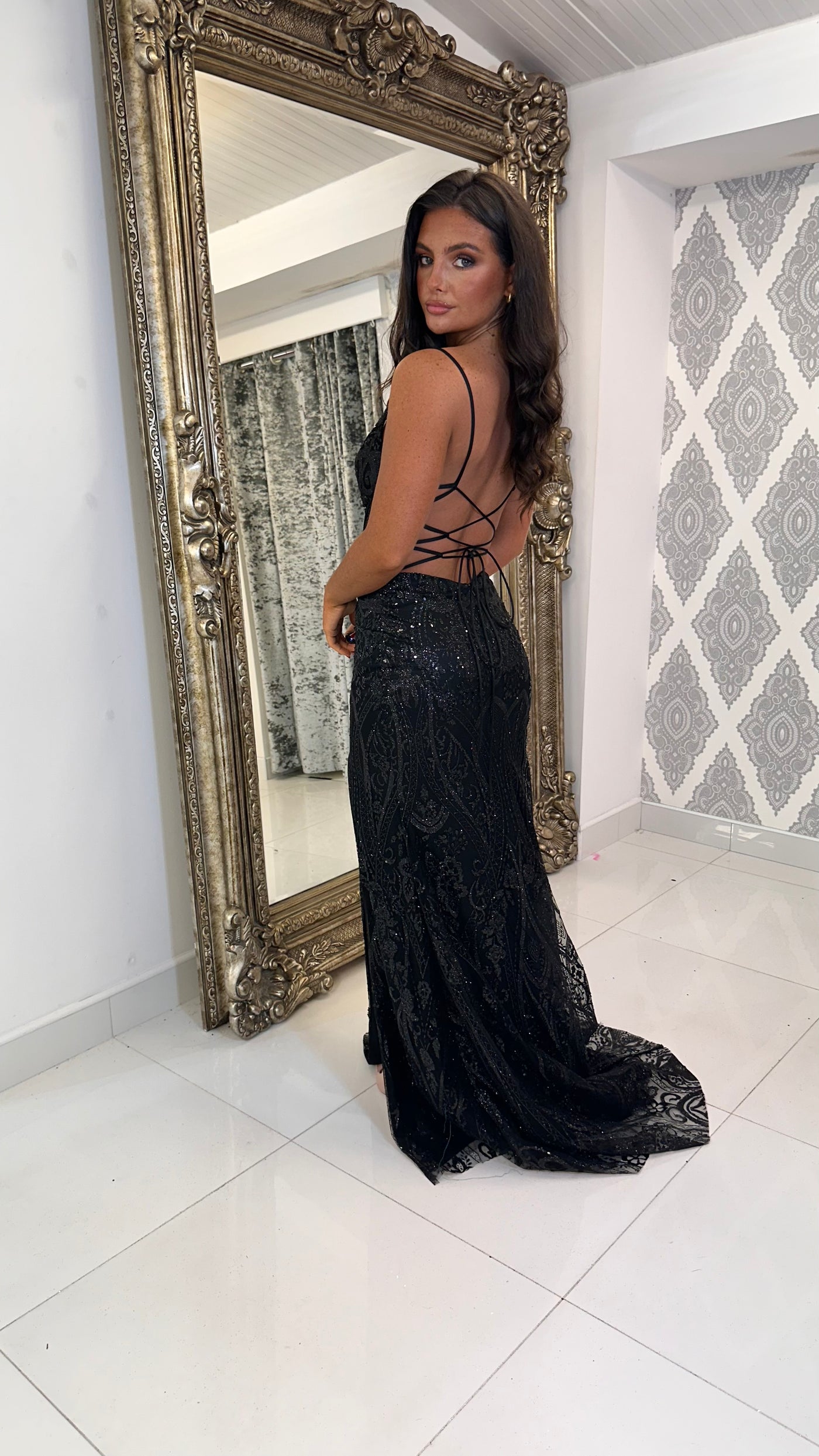 Black Glitter Backless Corset Full Length Gown