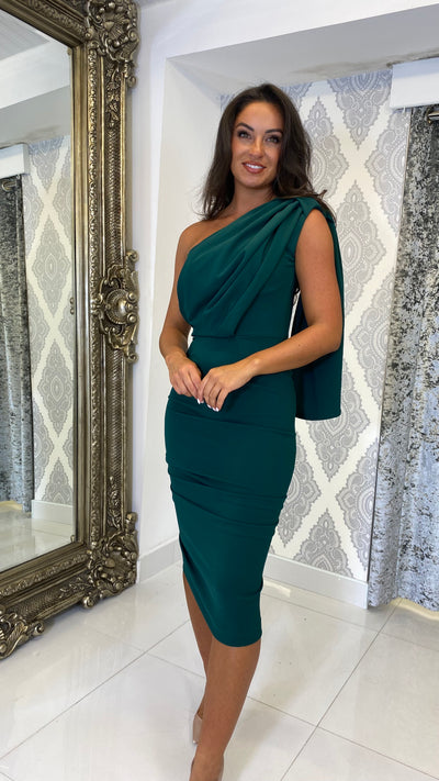 Drape One Shoulder Wedding Guest Dress In Green
