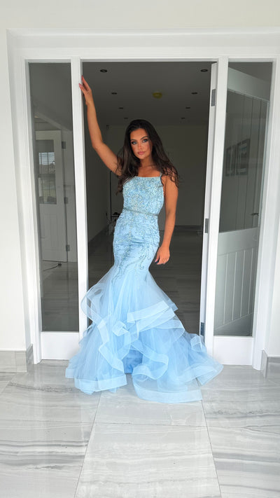 Baby Blue Straight Neck Fishtail Prom Dress