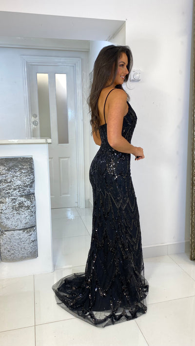 Black Sequin Skinny Strap Prom Dress