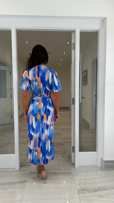 Blue/Orange Angel Sleeve Wrap Shirt Midi Dress