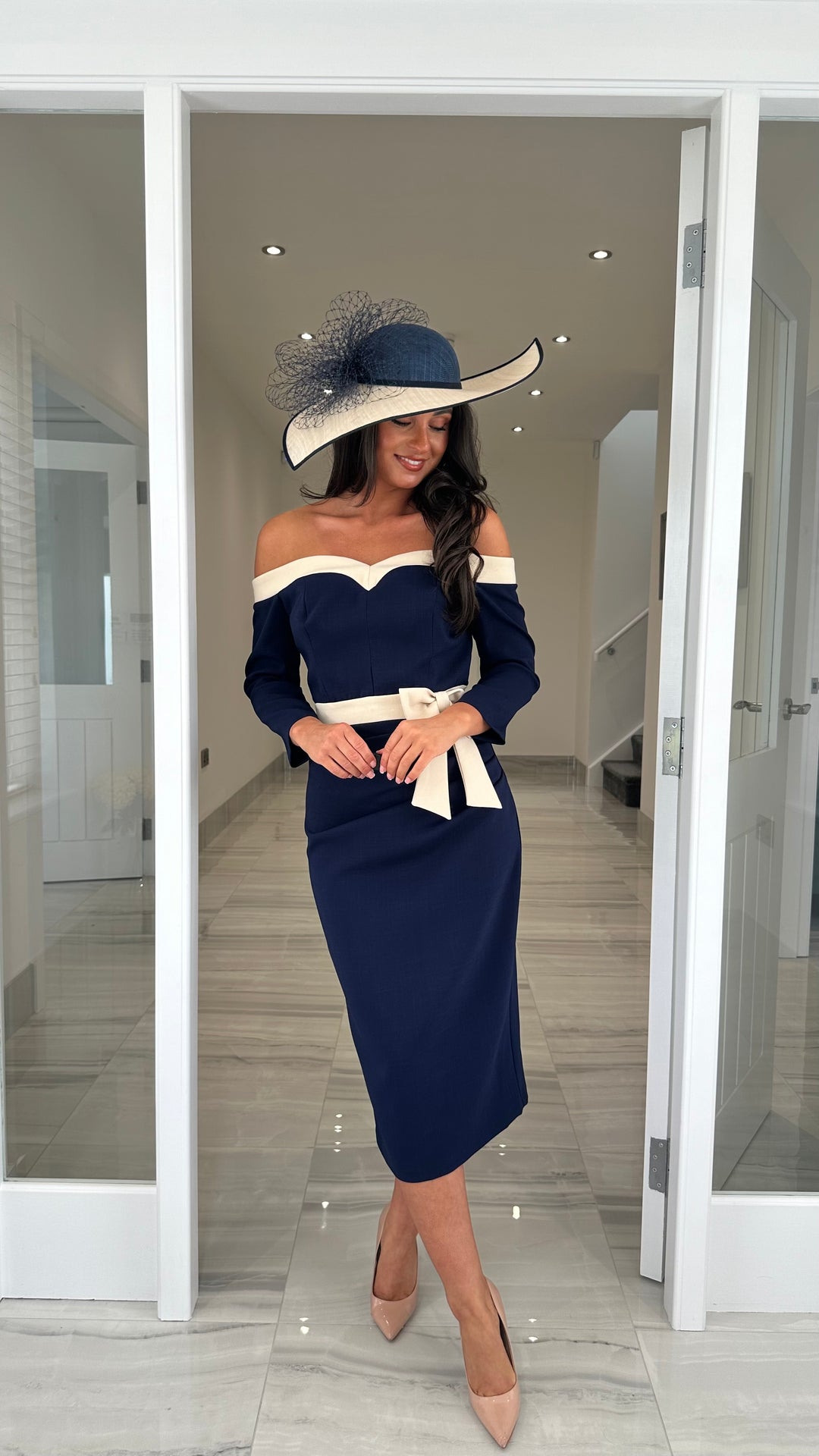 navy blue bardot dress Navy Coast Organza Bardot Midi Dress