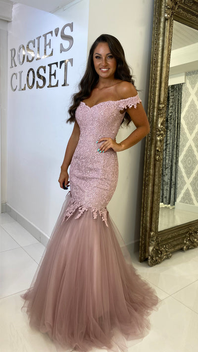 Blush Pink Bardot Lace Fishtail Prom Dress