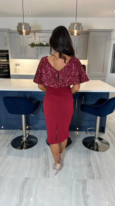 Burgundy Sequin Cape Style Midi Cocktail Pencil Dress