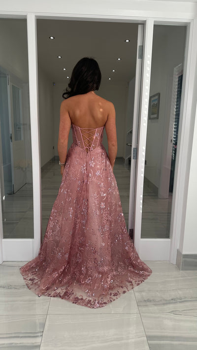 Rose Pink Strapless Corset Ball Gown