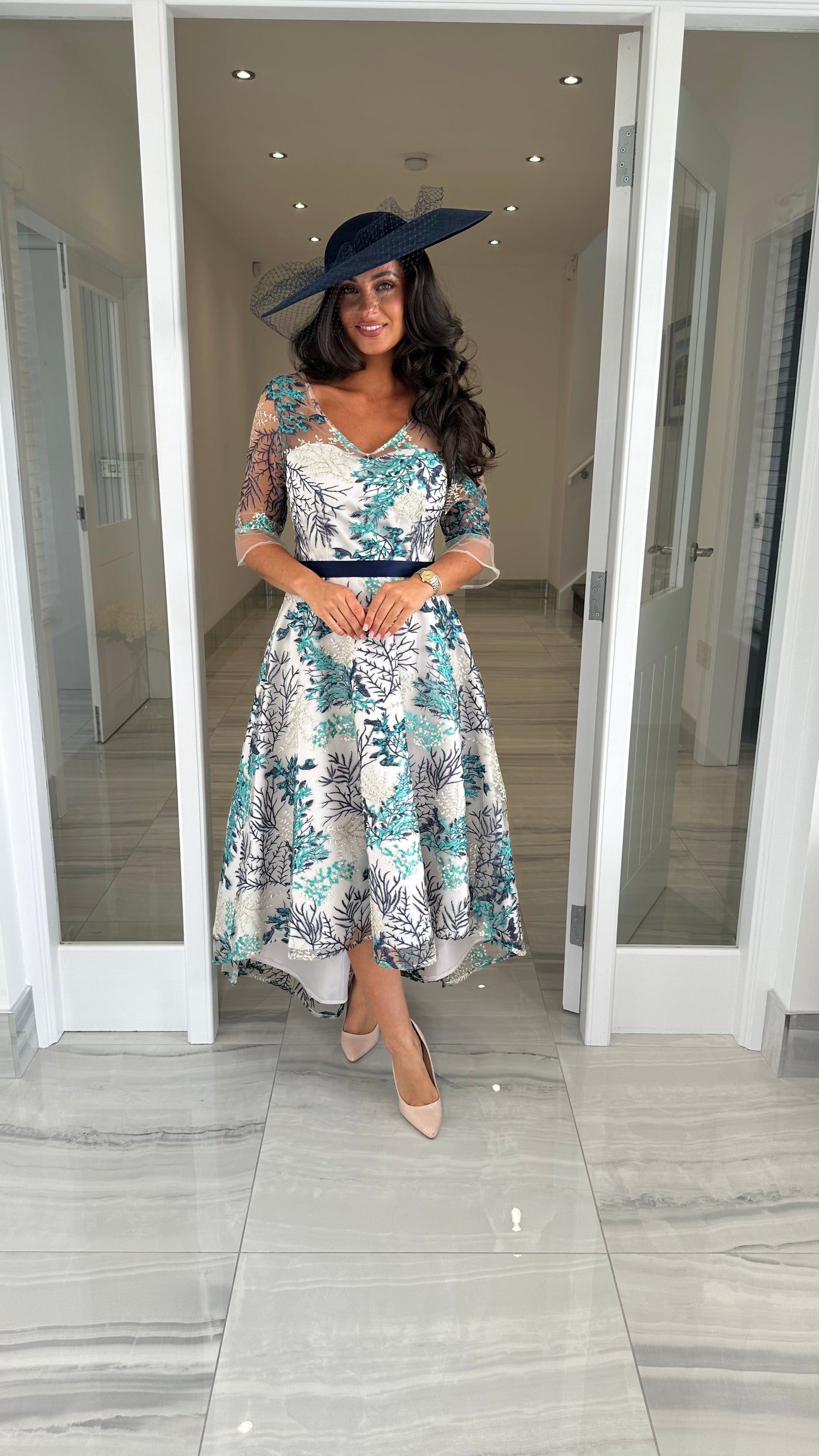 Navy Floral Embroidery Dip Hem Skater Dress