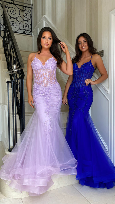 Lilac Lace Corset Fishtail Full Length Gown