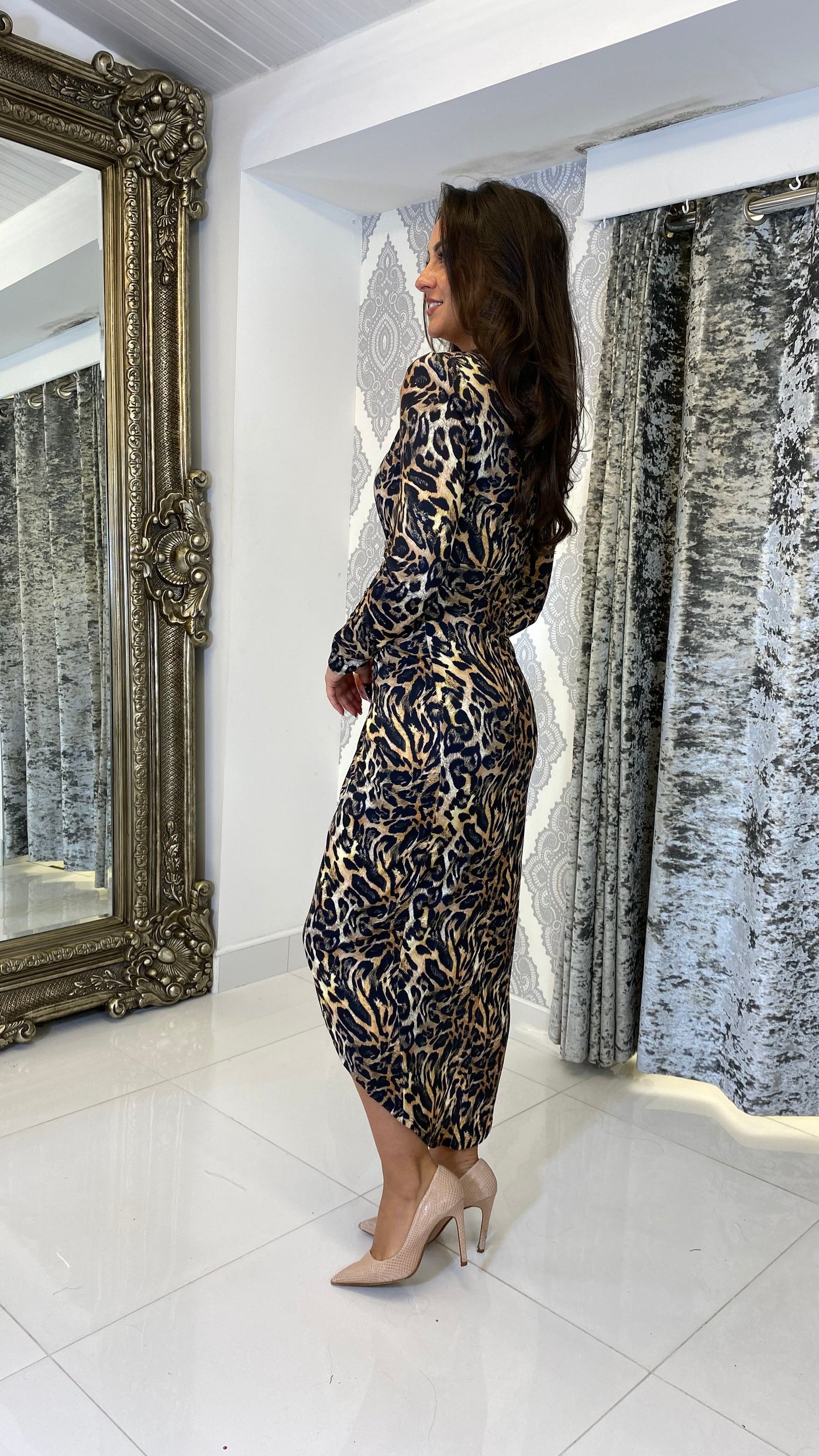 leopard print wrap midi dress Leopard Print Midi Wrap Dress