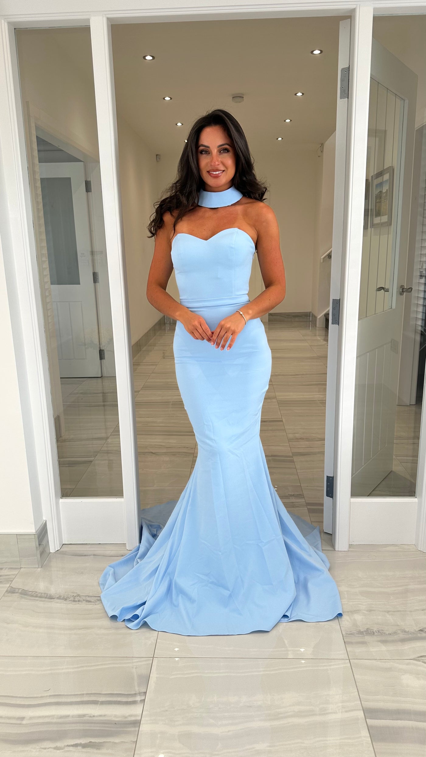 Baby Blue Strapless Bow Back with Neckpiece Prom Dress