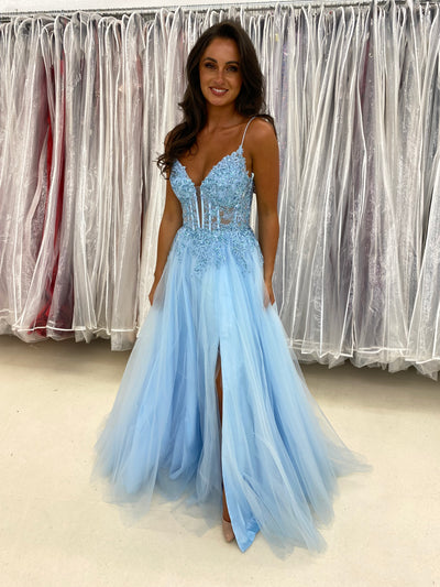 Baby Blue Glitter Corset Ball Gown