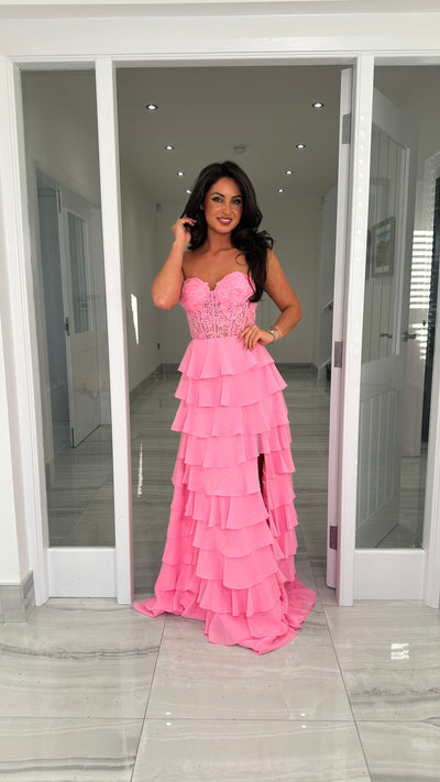 Pink Strapless Sweetheart Ruffle Skirt Gown