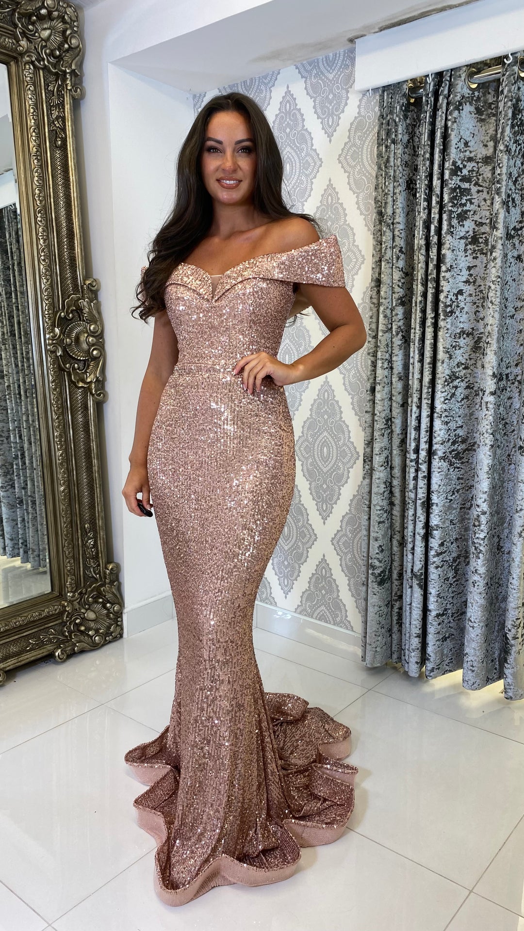 Rose Gold Sequin Bardot Full Length Gown – Rosies Closet