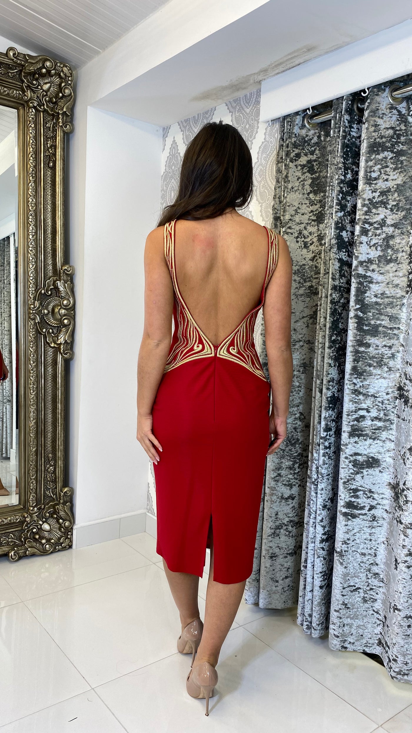 Red and Gold Backless Midi Cocktail Dress