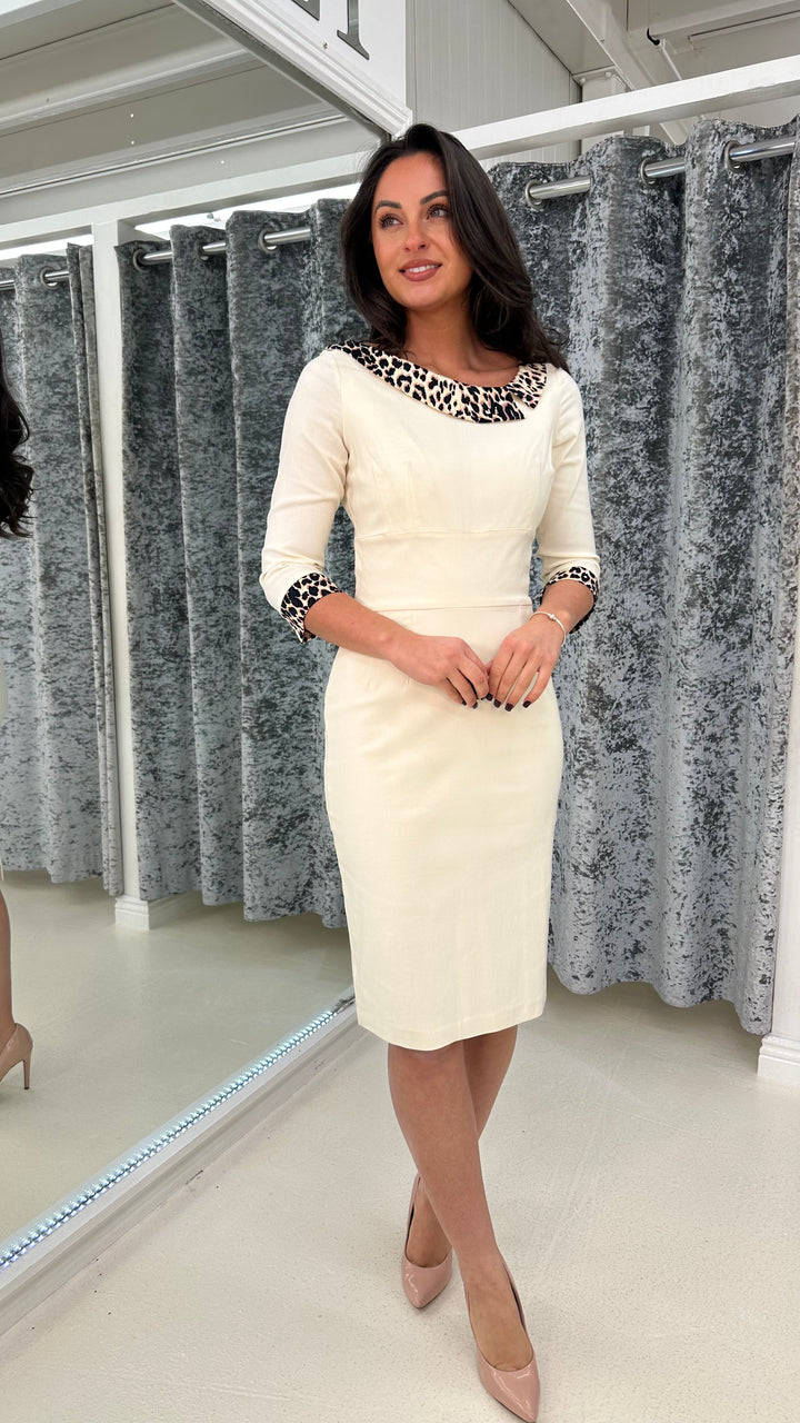 Cream Midi Dress Leopard Collar & Cuffs Rosies Closet Cream Midi Dress Leopard Collar & Cuffs Rosies Closet