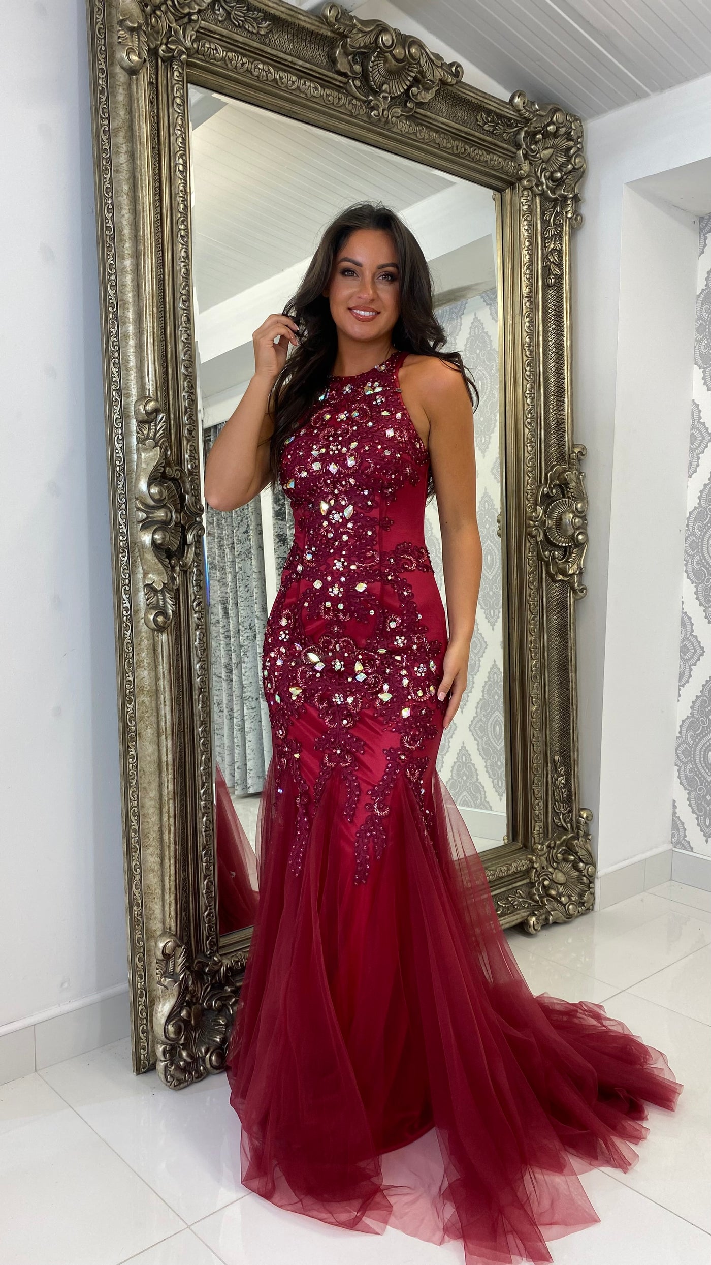 Burgundy Racer Cut Jewelled Fishtail Gown Rosies Closet