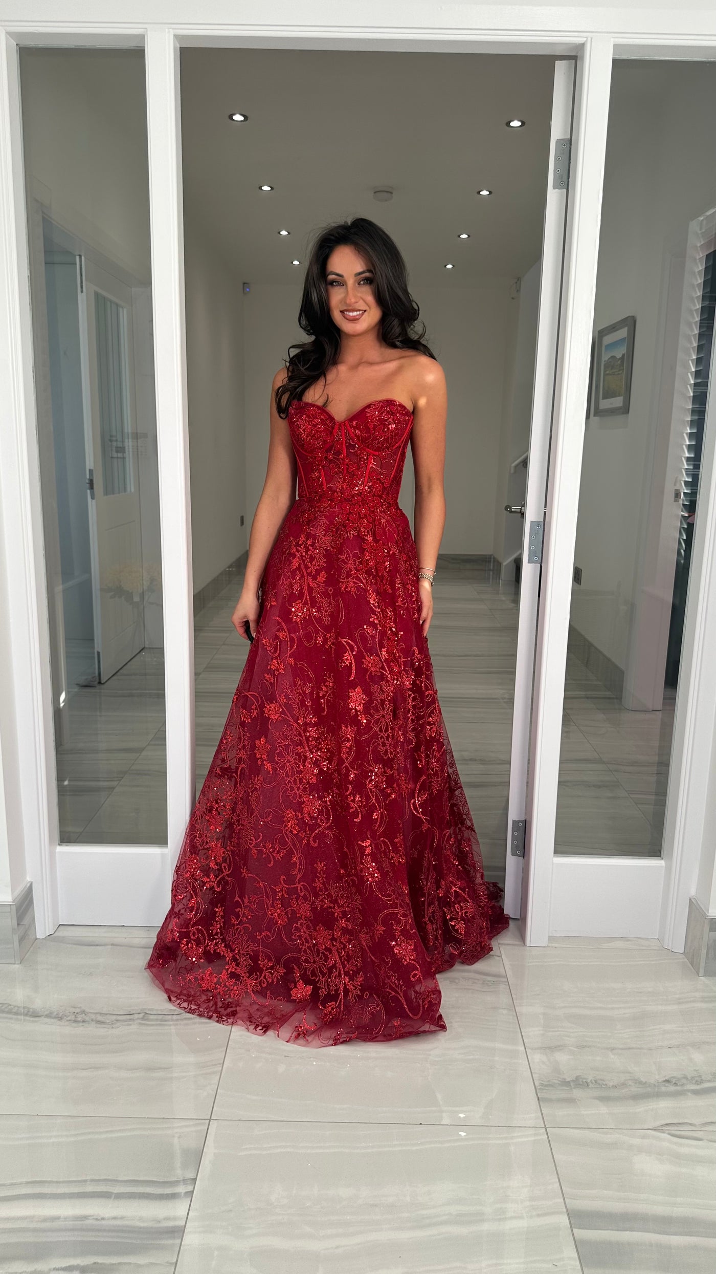 Dark Red Strapless Corset Ball Gown.