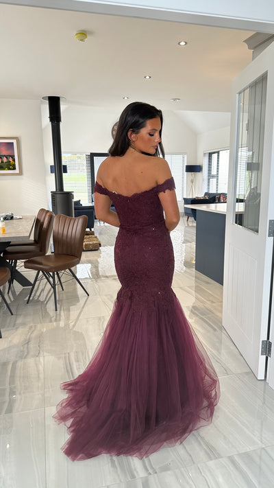 Dark Plum Bardot Lace Fishtail Prom Dress