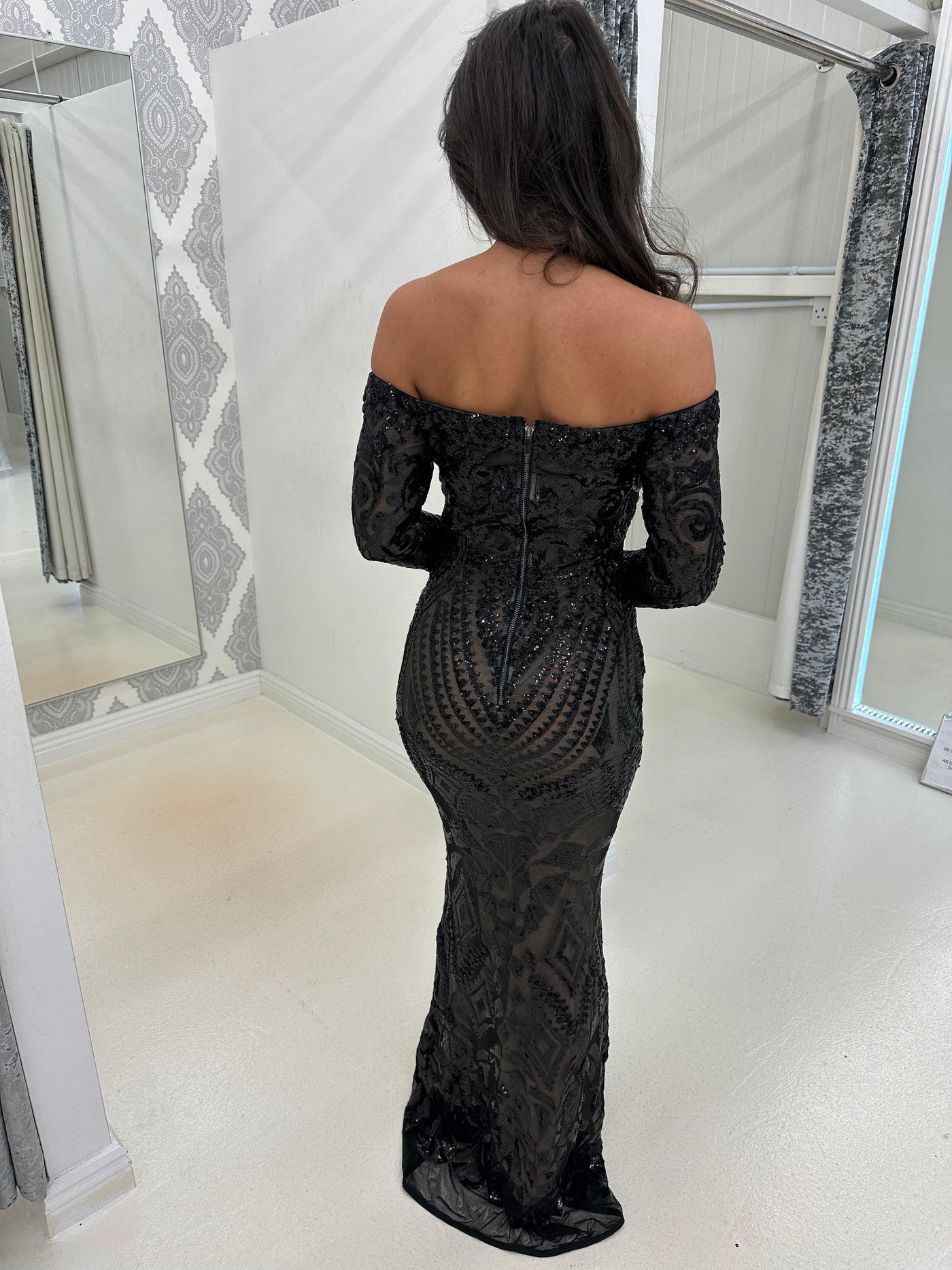 Black Bardot Full Sequin Detailed Maxi Evening Dress