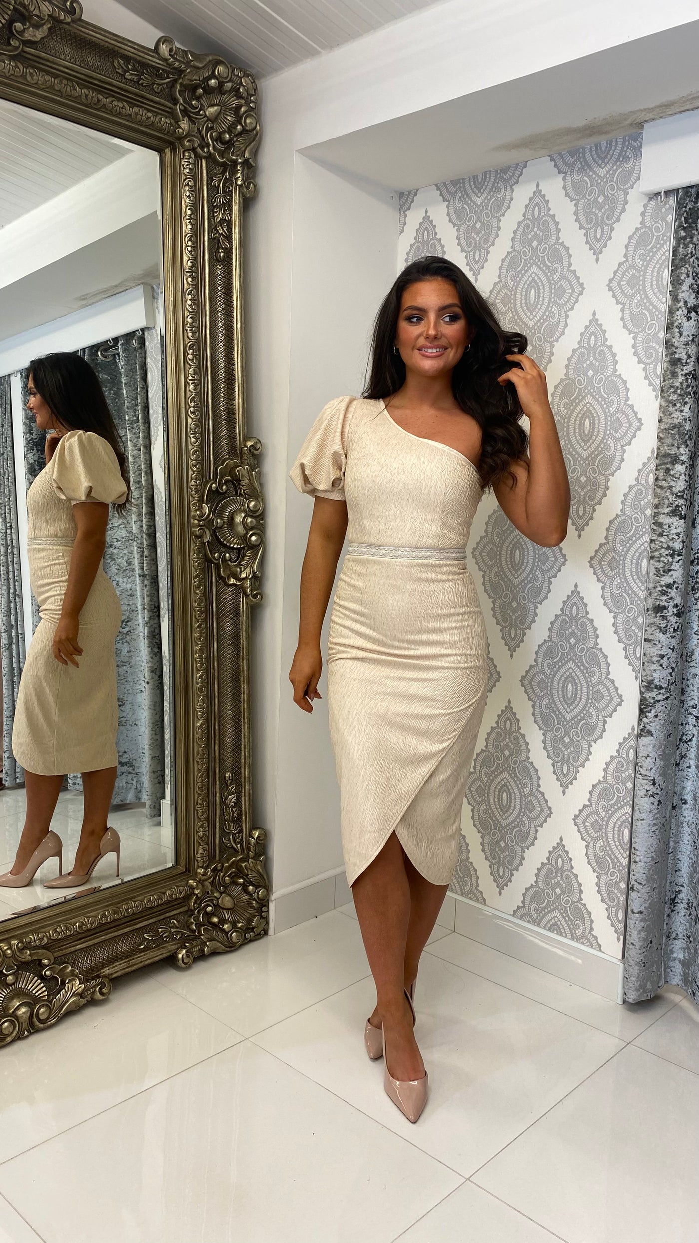 One Shoulder Puff Sleeves Midi Cocktail Dress In Champagne Colour