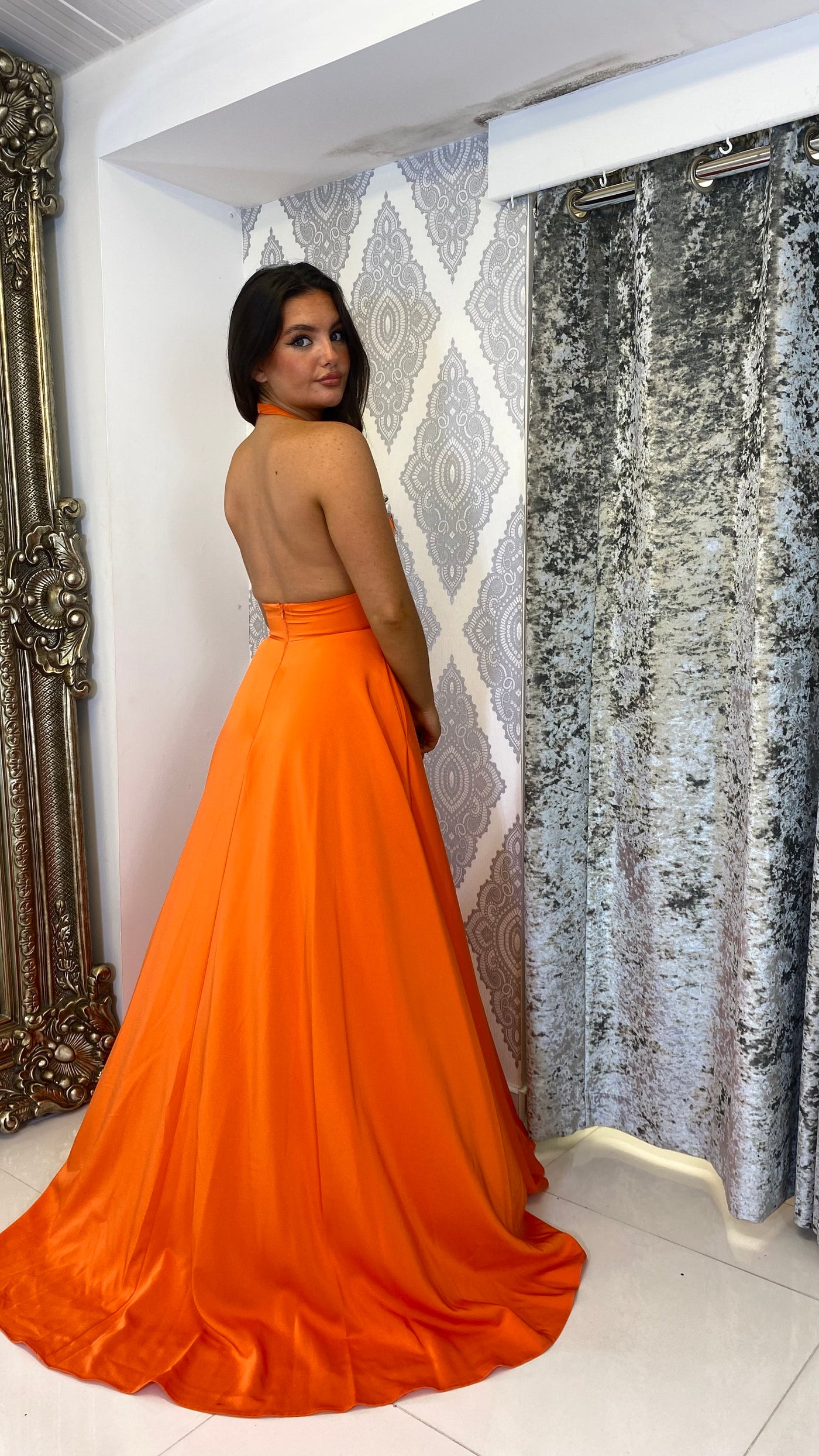Orange Halter-neck Full Length Gown