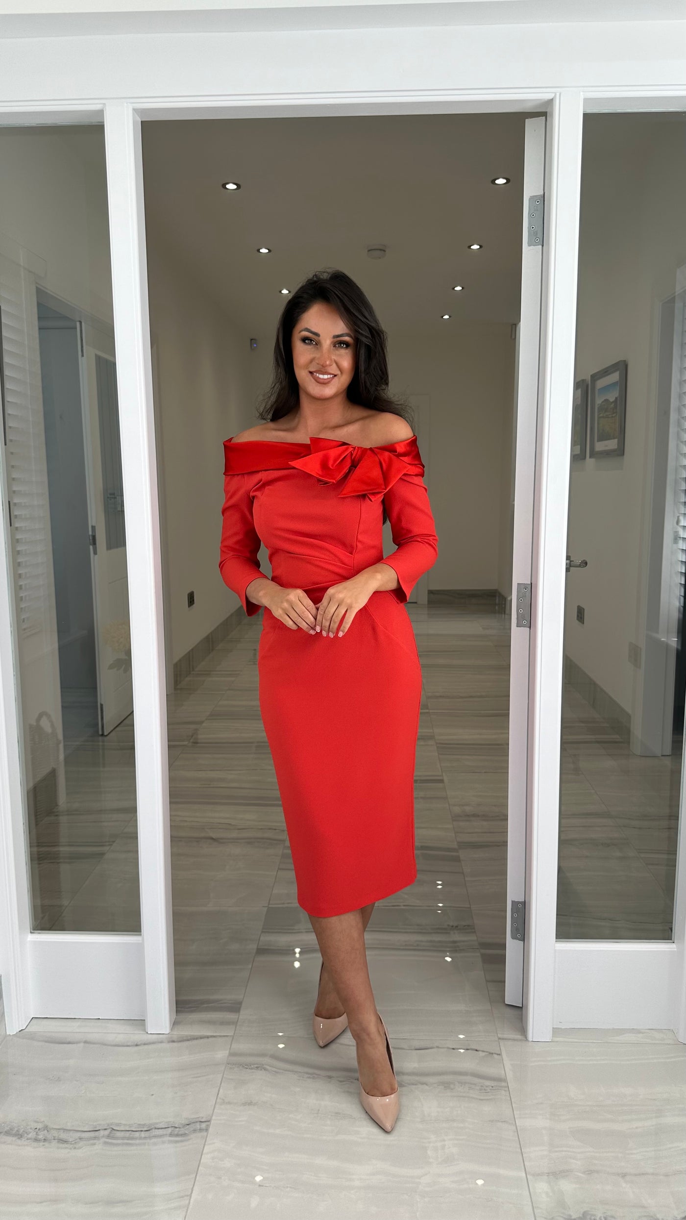 Coral Orange Bardot Neckline with Satin Bow