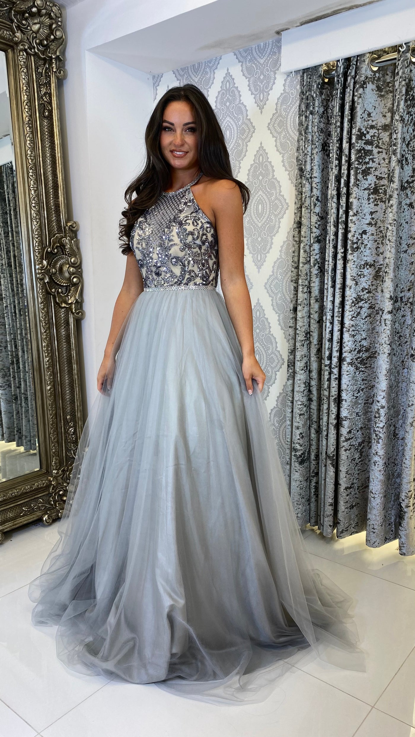 Silver Sequin Top Halterneck Ball Gown