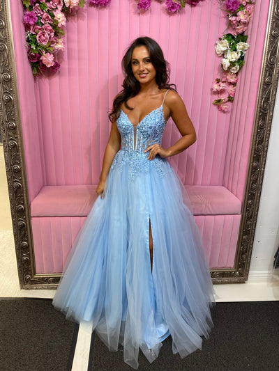 Baby Blue Glitter Corset Ball Gown