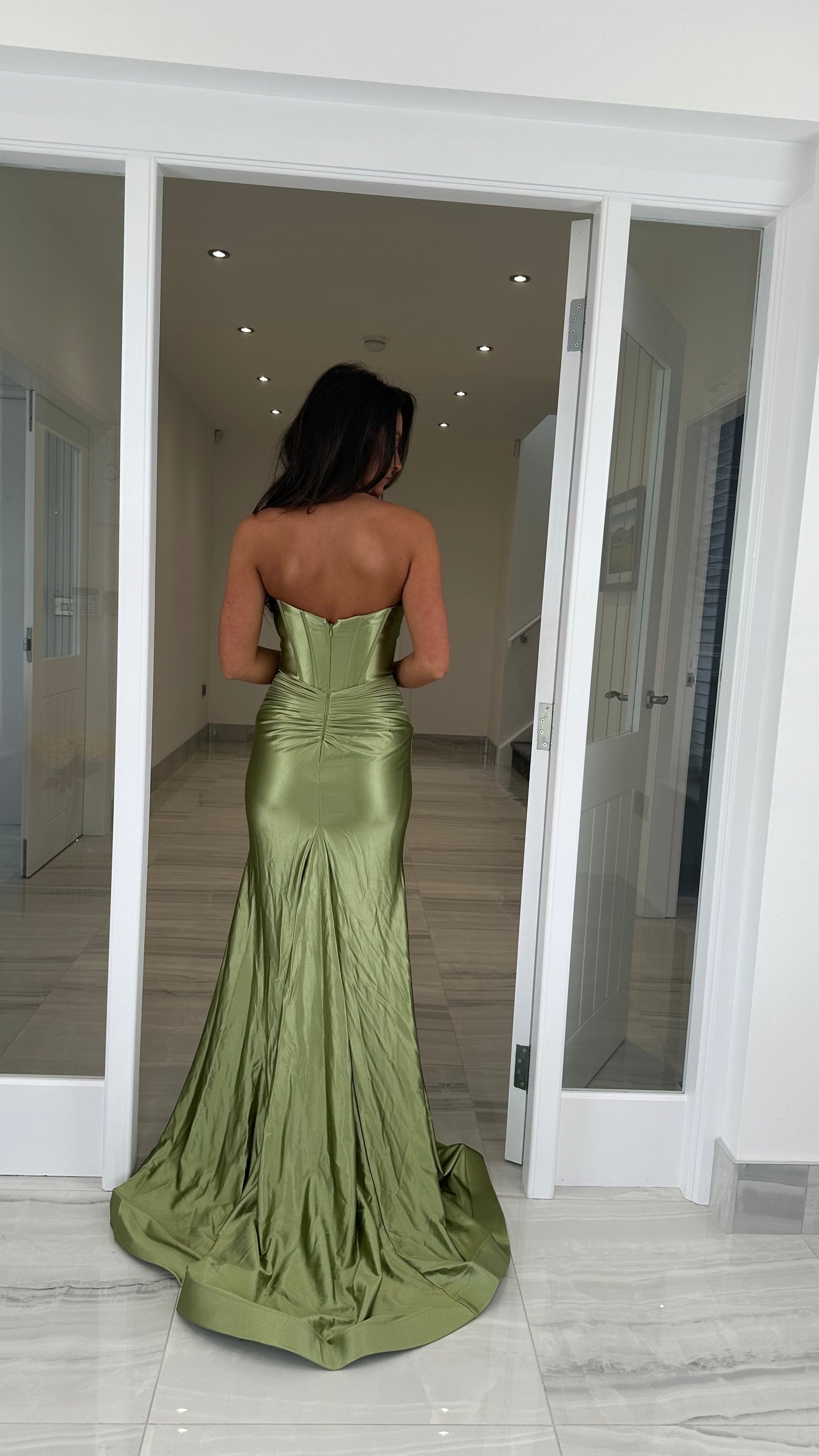 Olive Green Strapless Sweetheart Satin Gown – Rosies Closet
