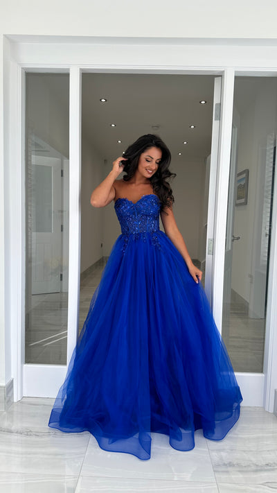 Royal Blue Mesh Corset Strapless Ball Gown
