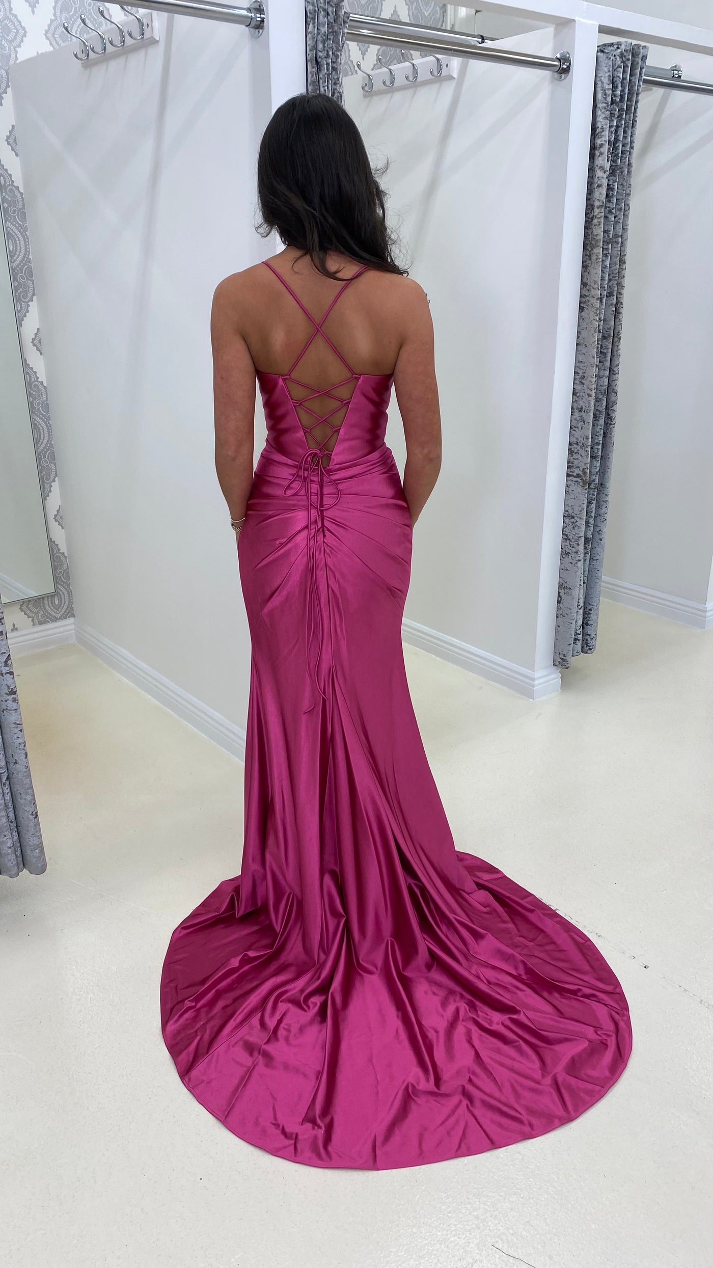 Fuchsia Pink Ruched Satin Corset Full Length Gown