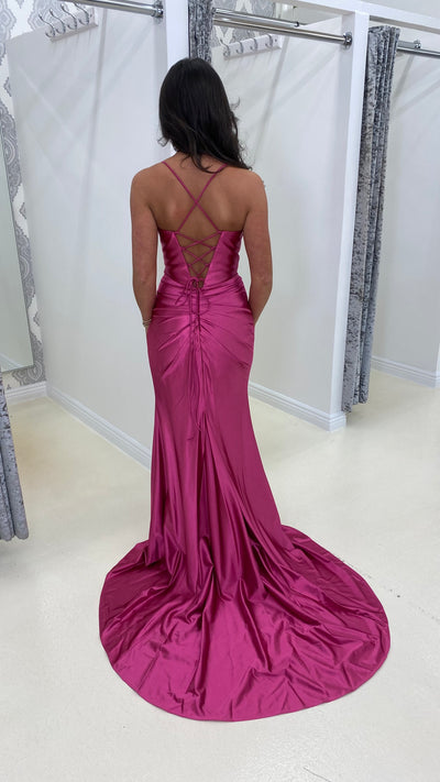 Fuchsia Pink Ruched Satin Corset Full Length Gown