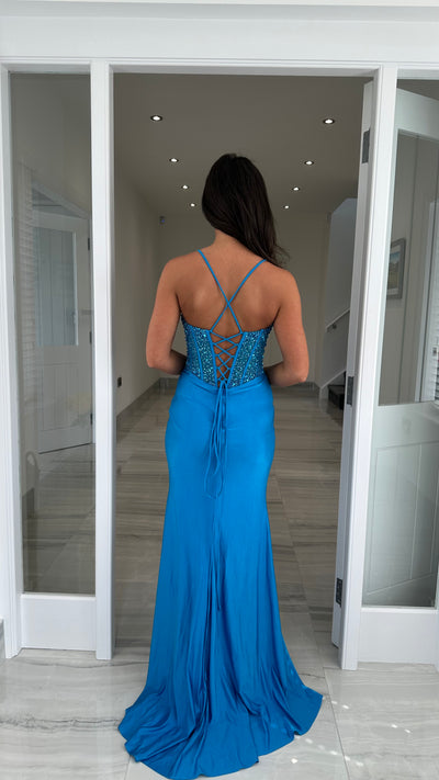 Teal Jewel Corset Style Prom Gown