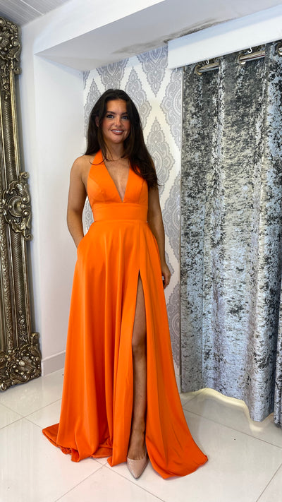 Orange Halter-neck Full Length Gown