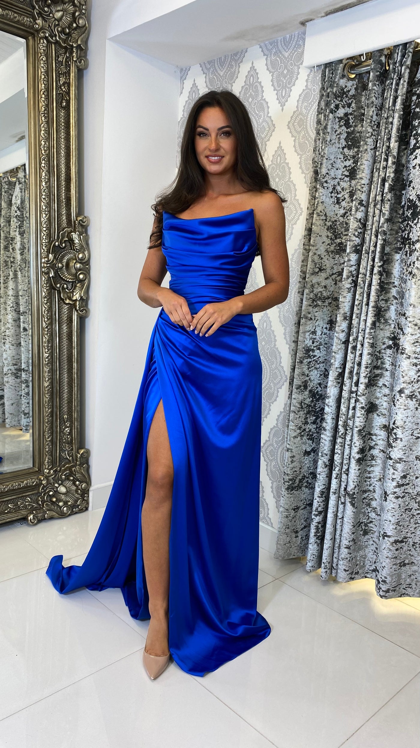 Royal Blue Ruched Strapless Full Length Gown