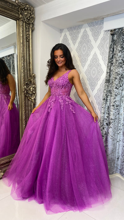 Magenta Lace Corset Ball Gown