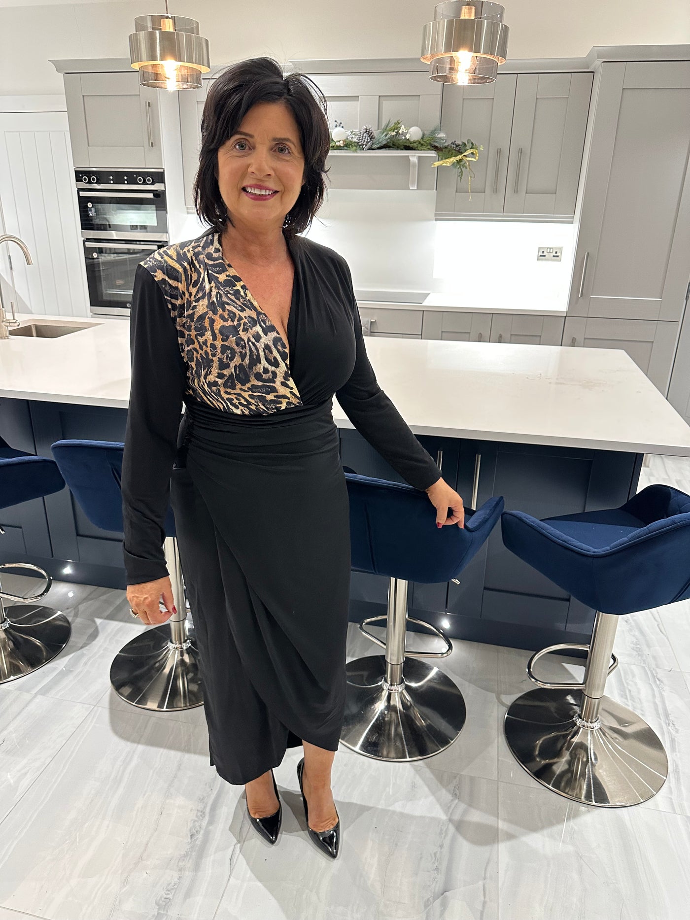 Black & Leopard Print Wrap Front Ruched Midi