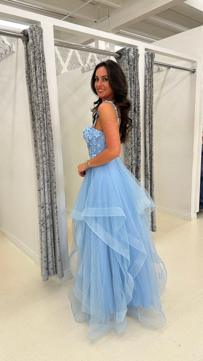 Baby Blue Flower Embroidery Corset Tiered Skirt Ball Gown