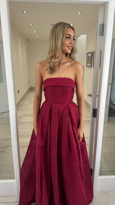 Burgundy Lace Strapless Ball Gown