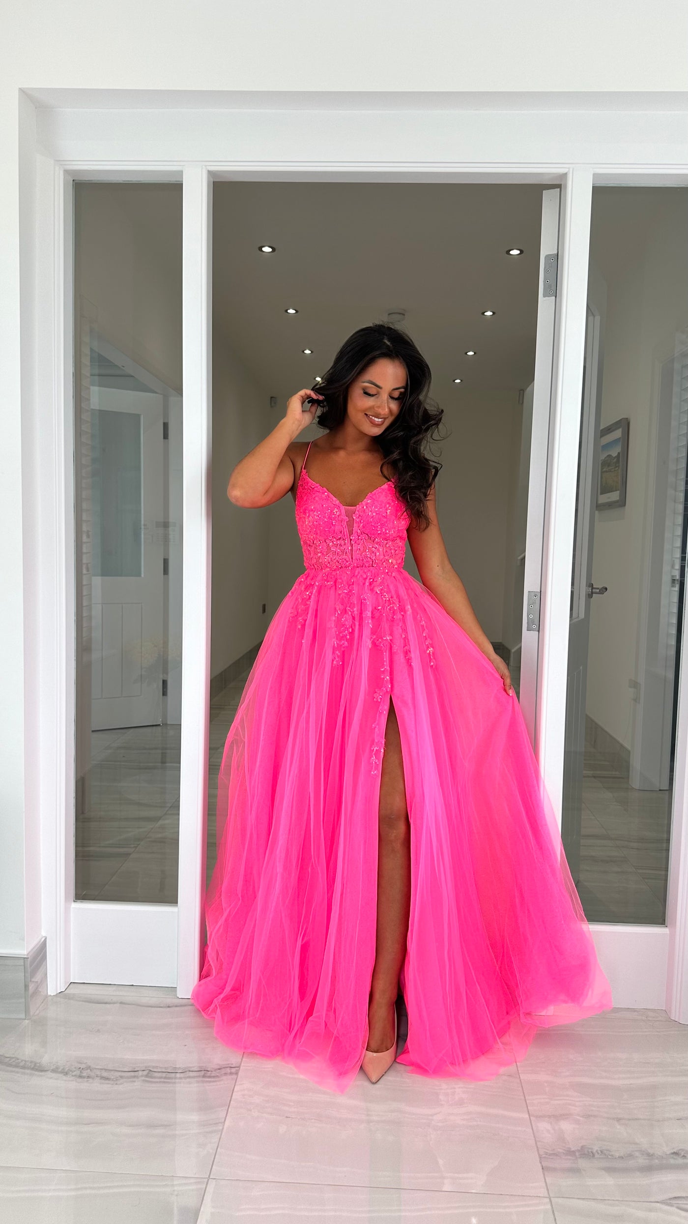 Hot Pink Glitter Corset Ball Gown