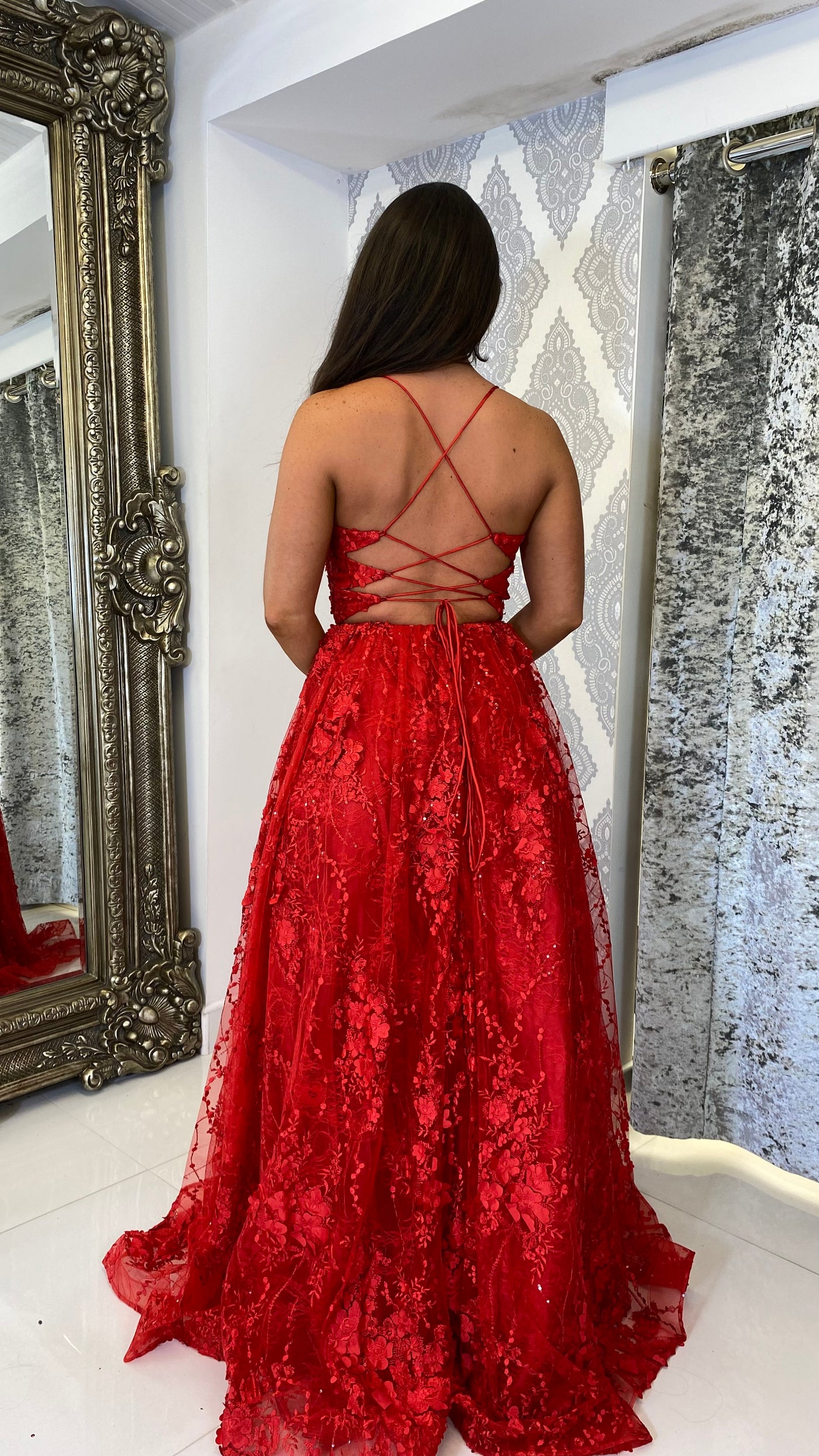 Red Floral Style Ball Gown