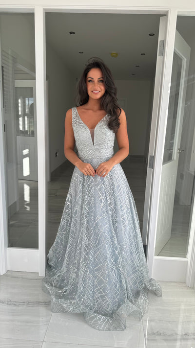 Silver Glitter V-Neck Ball Gown