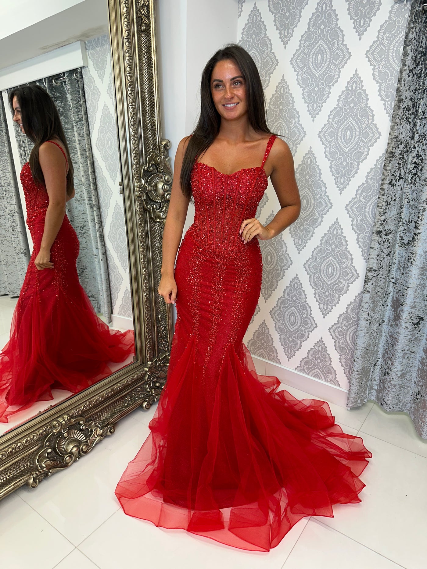 Red Sequin Corset Style Fishtail Full Length Gown
